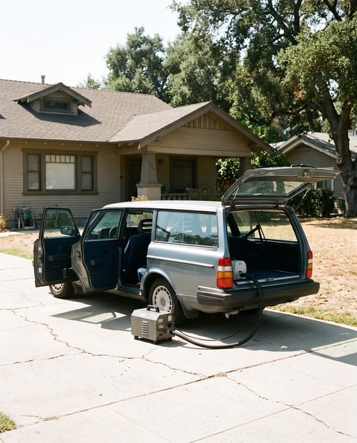 A car airing out in a driveway with an odour treatment unit beside the open rear door.