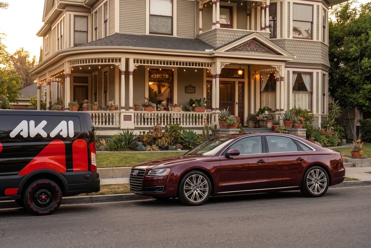 An immaculately detailed burgundy Audi sedan and the AKAI van outside a Victorian home with a wraparound porch in Highland Park.
