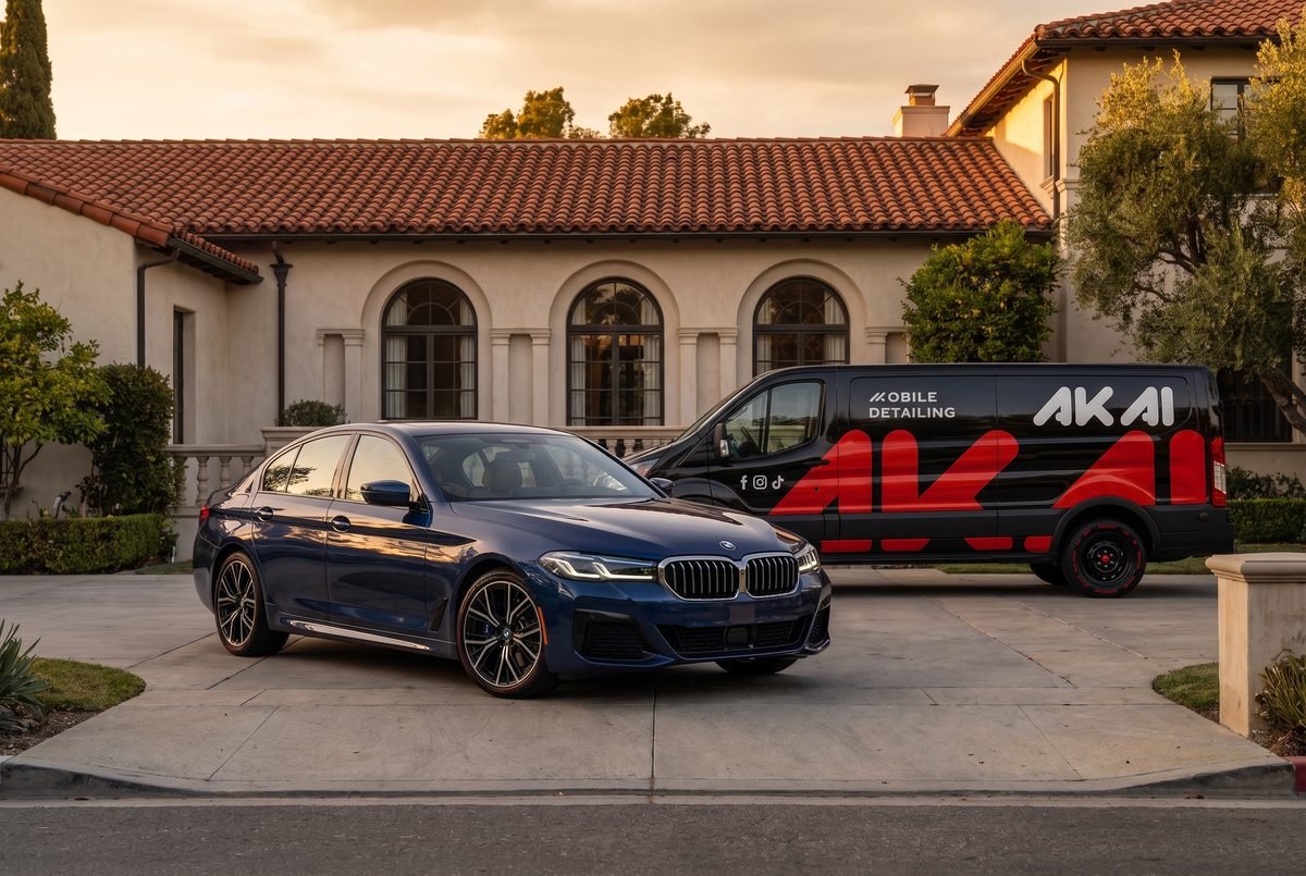 An immaculately detailed dark blue BMW sedan and the AKAI van outside a Spanish Colonial Revival home in Pasadena at golden hour.
