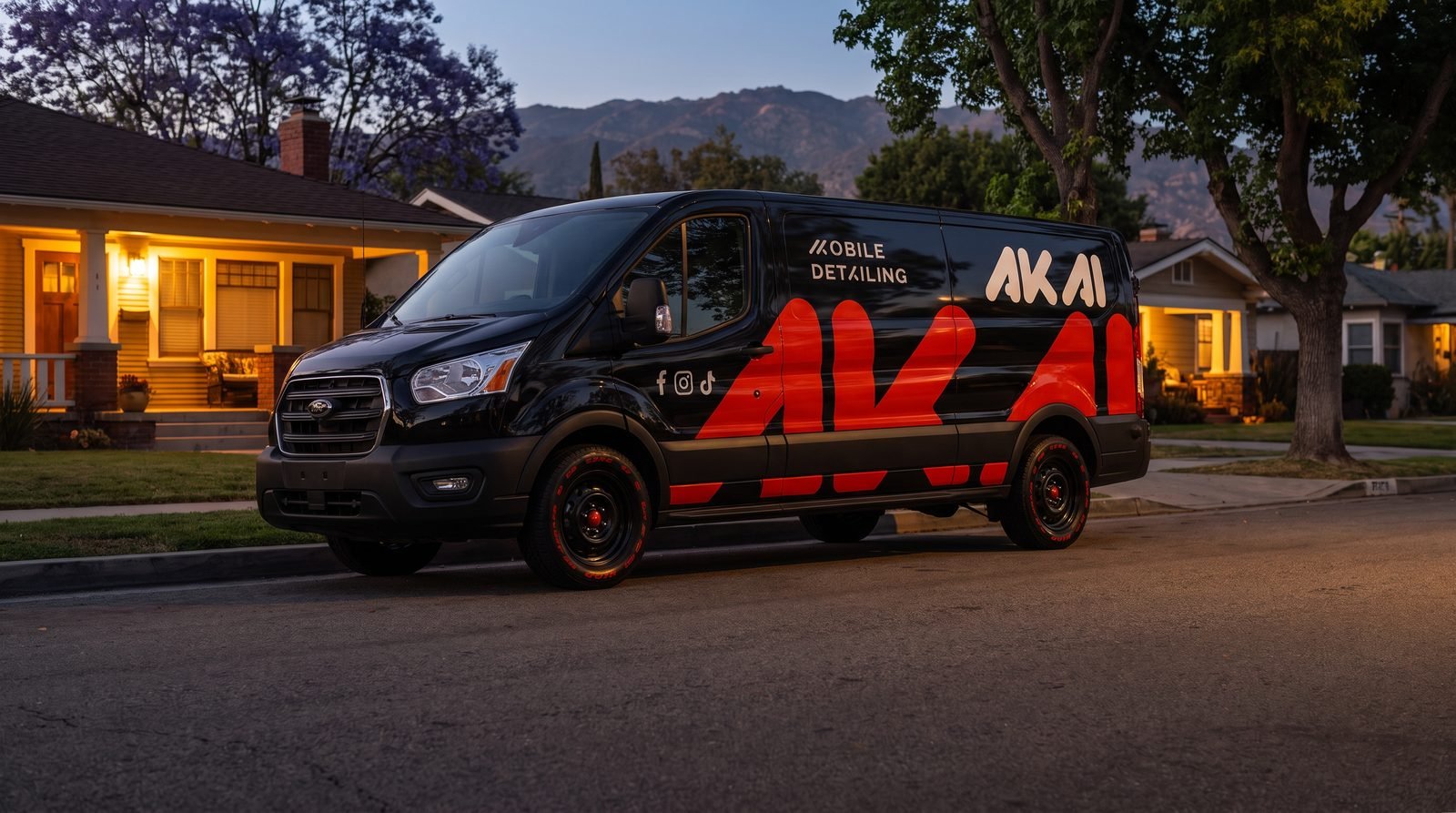 The AKAI van at dusk on a residential Pasadena street.