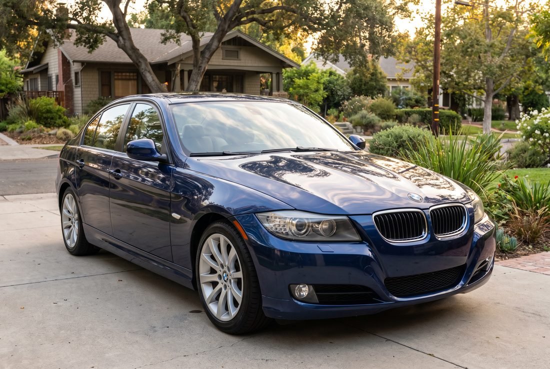The same BMW 3-Series from the same angle with clean, evenly glossy paint.