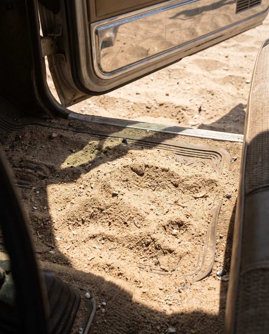 A thick layer of dry beach sand covering a car footwell.