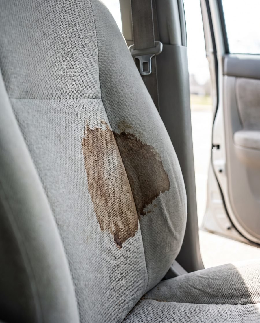 A set-in coffee stain soaked into a light grey cloth car seat.