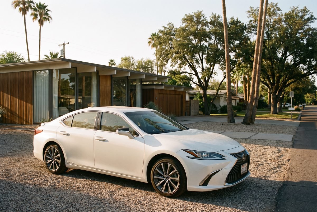 A white Lexus sedan in a Pasadena driveway carrying a faint even film of road dust.