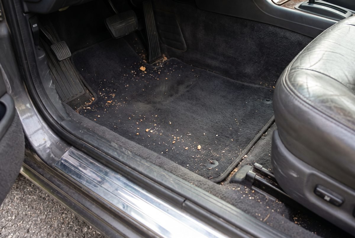 A tidy car footwell with a scattering of crumbs on carpet in good condition.