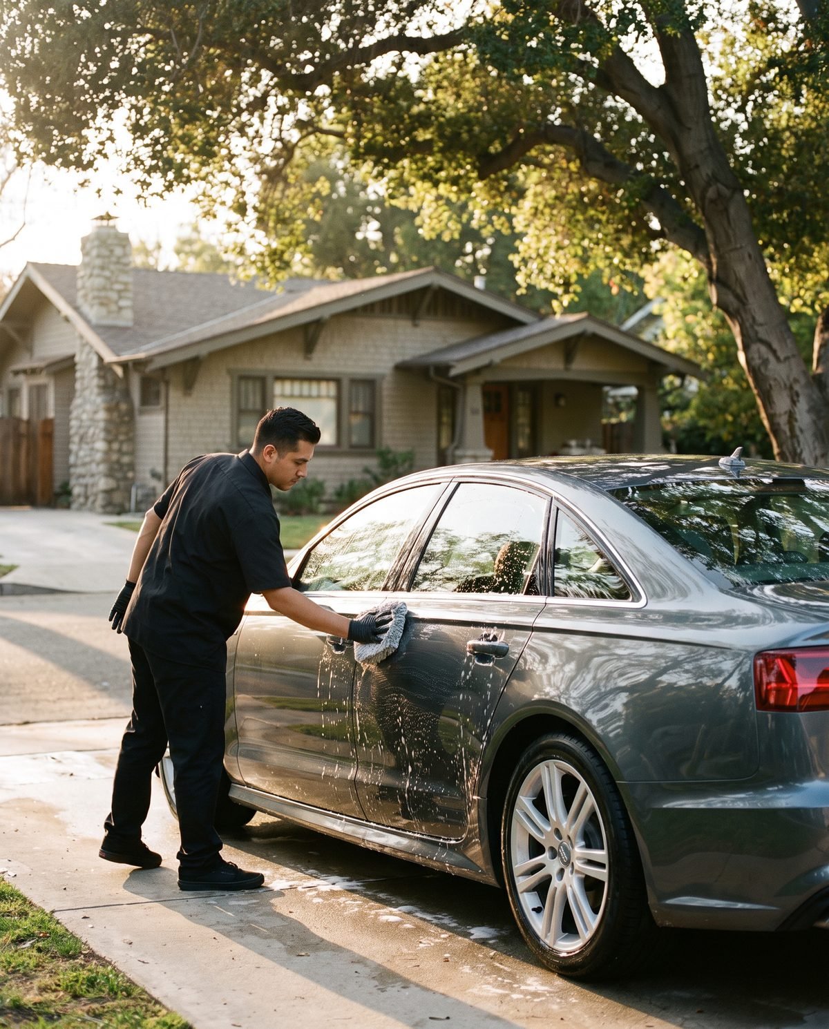 A well-kept dark grey Audi sedan being hand washed in a Pasadena driveway in late afternoon light.