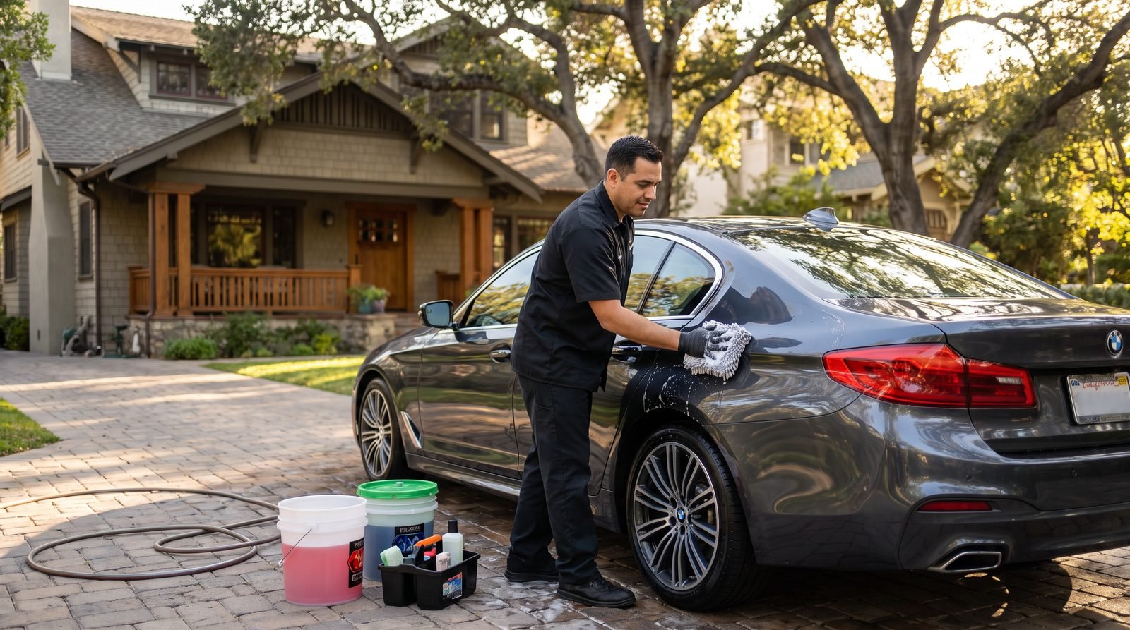 A detailer giving a already-clean car a routine maintenance wash in a Pasadena driveway.