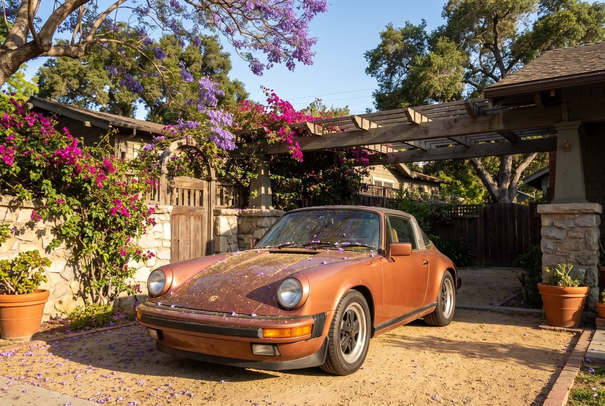 A car in bright spring sunshine surrounded by blooming jacaranda, pollen and petals across the bonnet.