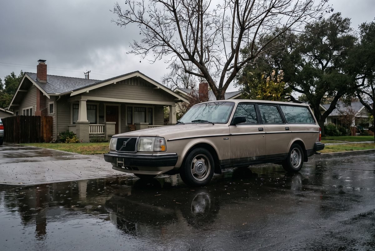A car in a Pasadena driveway under a grey overcast sky after rain, water beading on the lower panels.