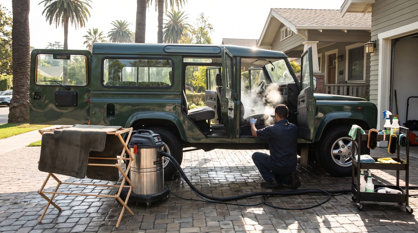 Floor mats drying on a rack beside a vehicle with all doors open while a detailer steam cleans a seat.