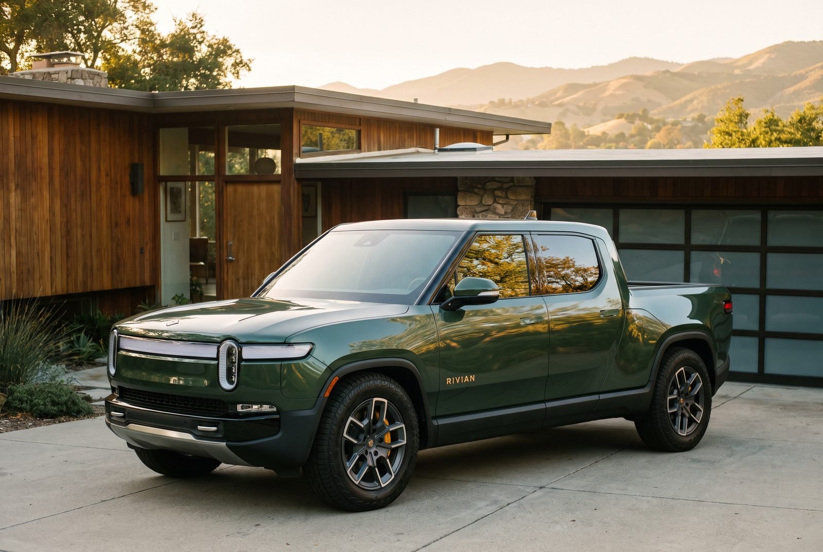 A green Rivian R1T parked outside a mid-century home at golden hour.