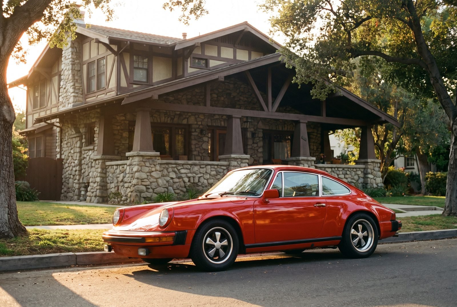 A red Porsche 911 parked outside a Craftsman home with a stone porch.