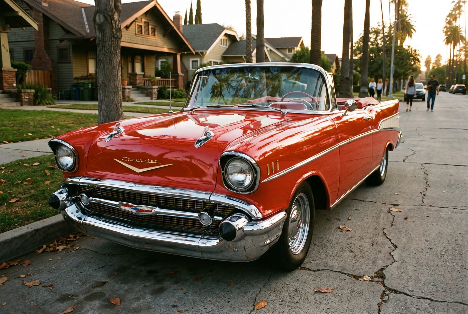 A red classic Chevrolet Bel Air on a historic Pasadena street lined with palms.
