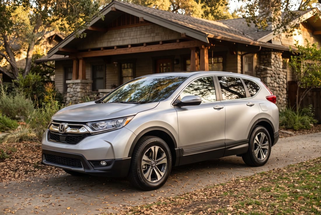The same Honda CR-V from the same angle with clean, evenly glossy paint and spotless wheels.