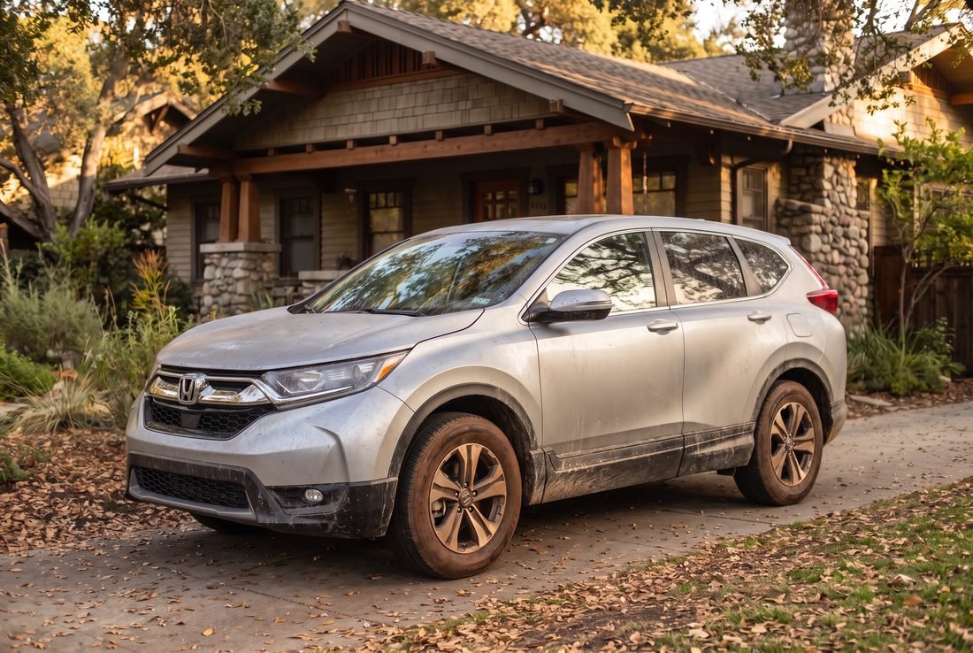 A silver Honda CR-V with heavy road film, dried water spotting and grimy lower panels.