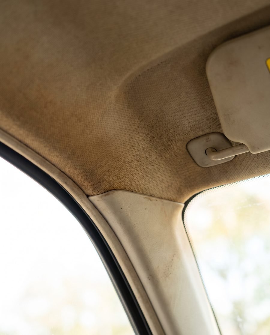 A car headliner and upper pillar stained yellow-brown from years of cigarette smoke.