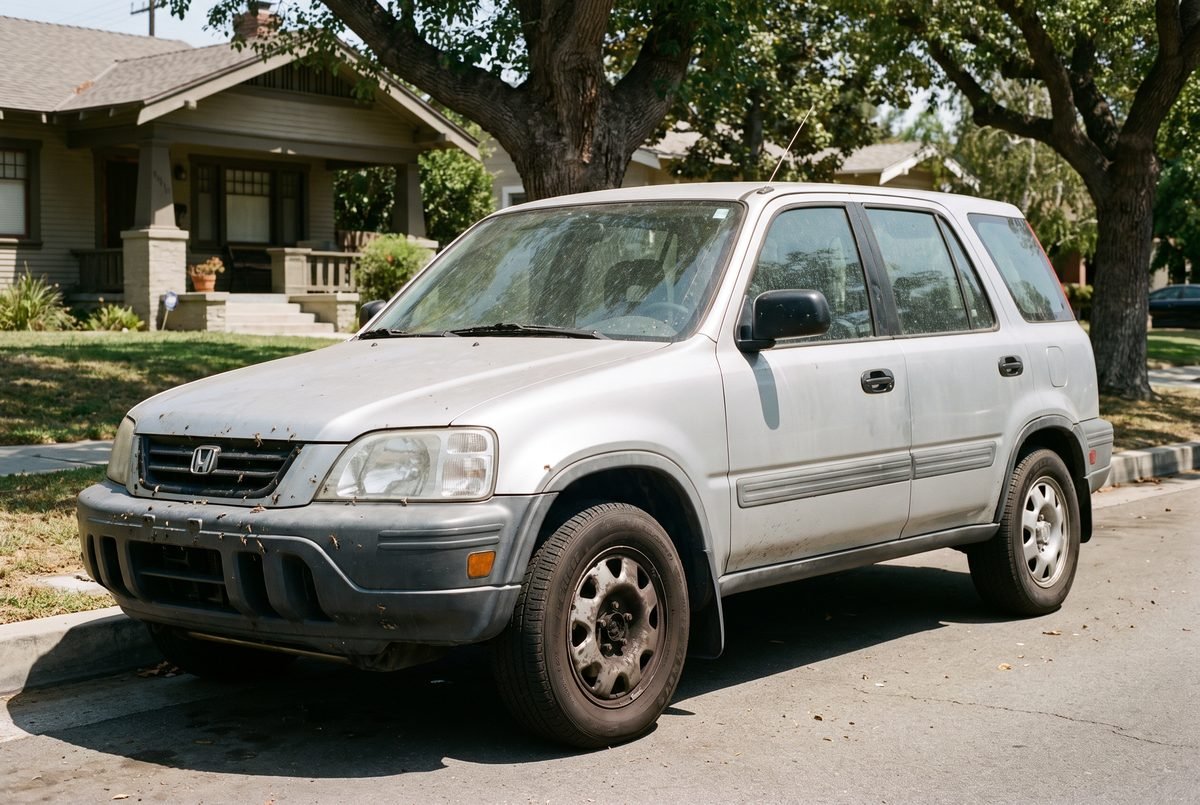 A silver Honda CR-V on a Pasadena street with dull dusty paint, water spotting and brake-dusted wheels.