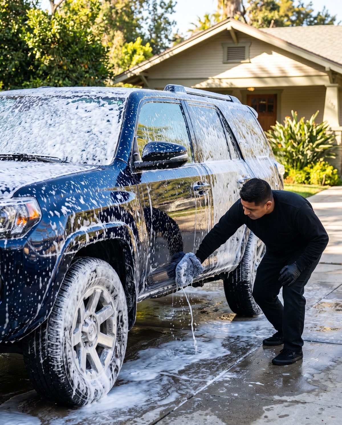 A dark blue Toyota 4Runner covered in thick white snow foam while a detailer works along the lower door.