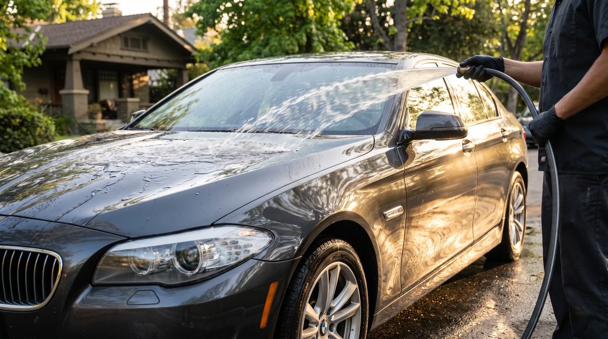 A dark sedan being rinsed in a Pasadena driveway during a maintenance detail.