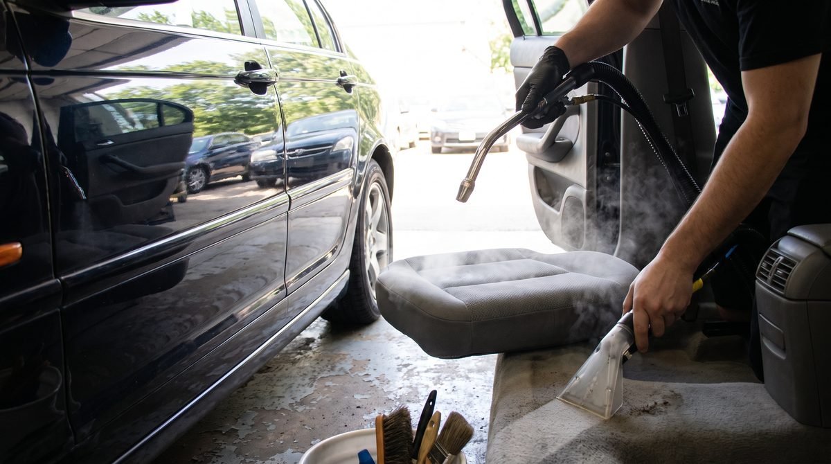 An interior being steam cleaned and extracted during a reset detail.