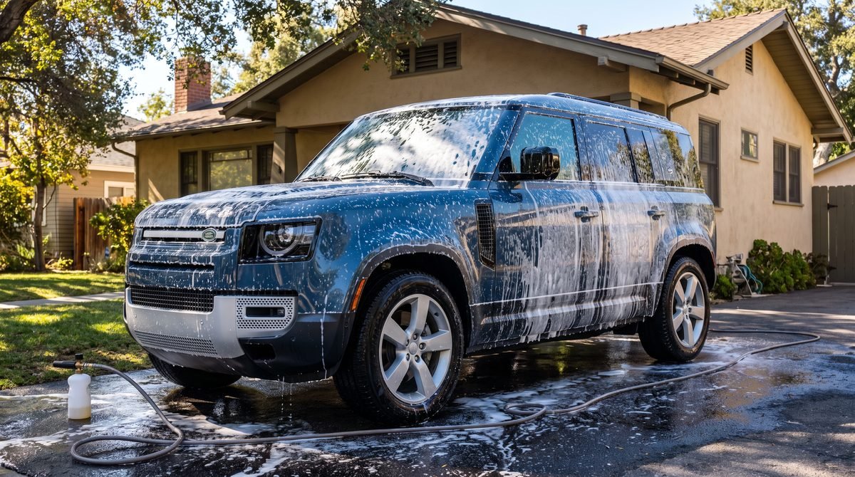 Thick foam covering an SUV during a standard detail outside a Pasadena home.