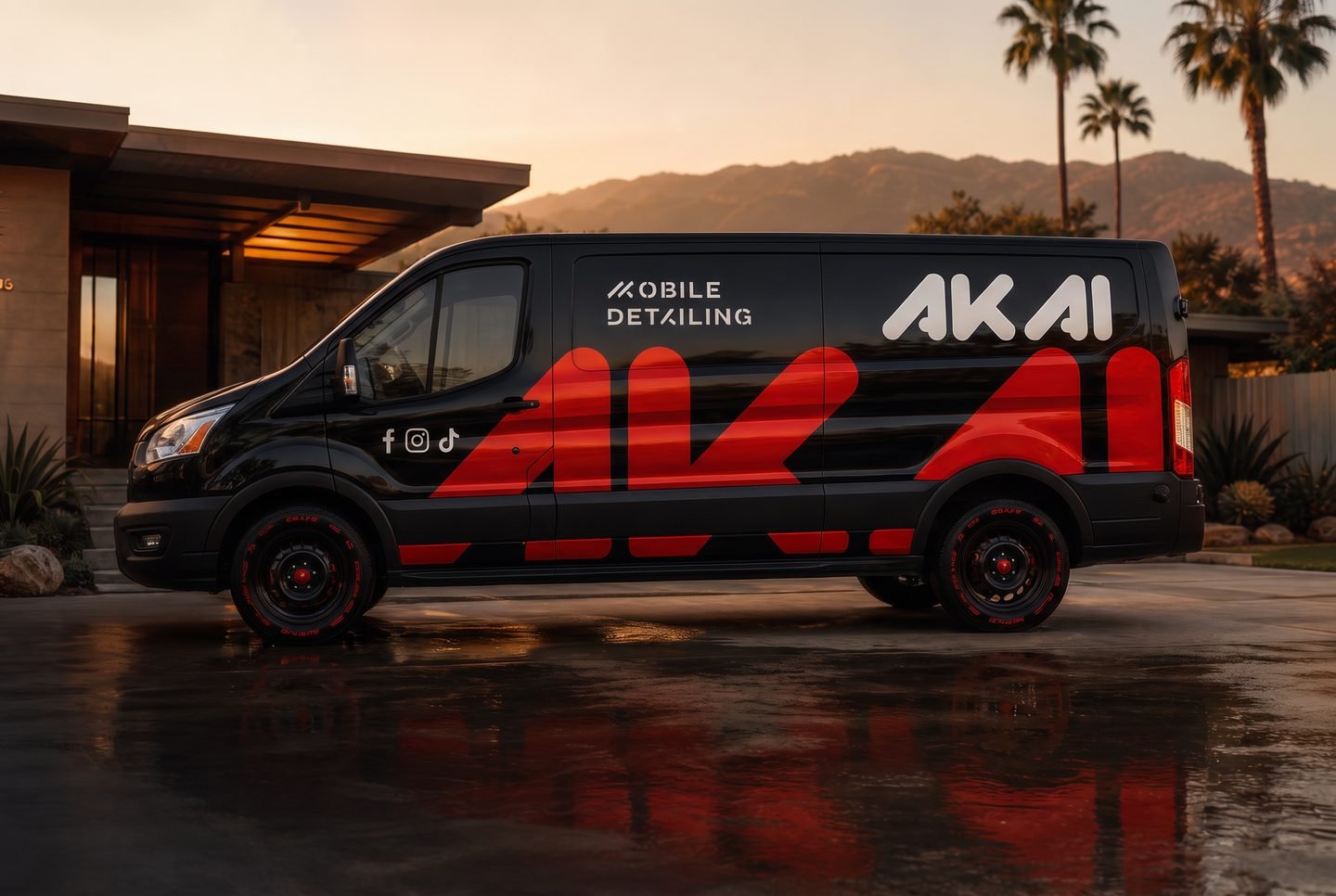 The AKAI van in full side profile at dusk outside a Pasadena home, the wrap clearly legible.